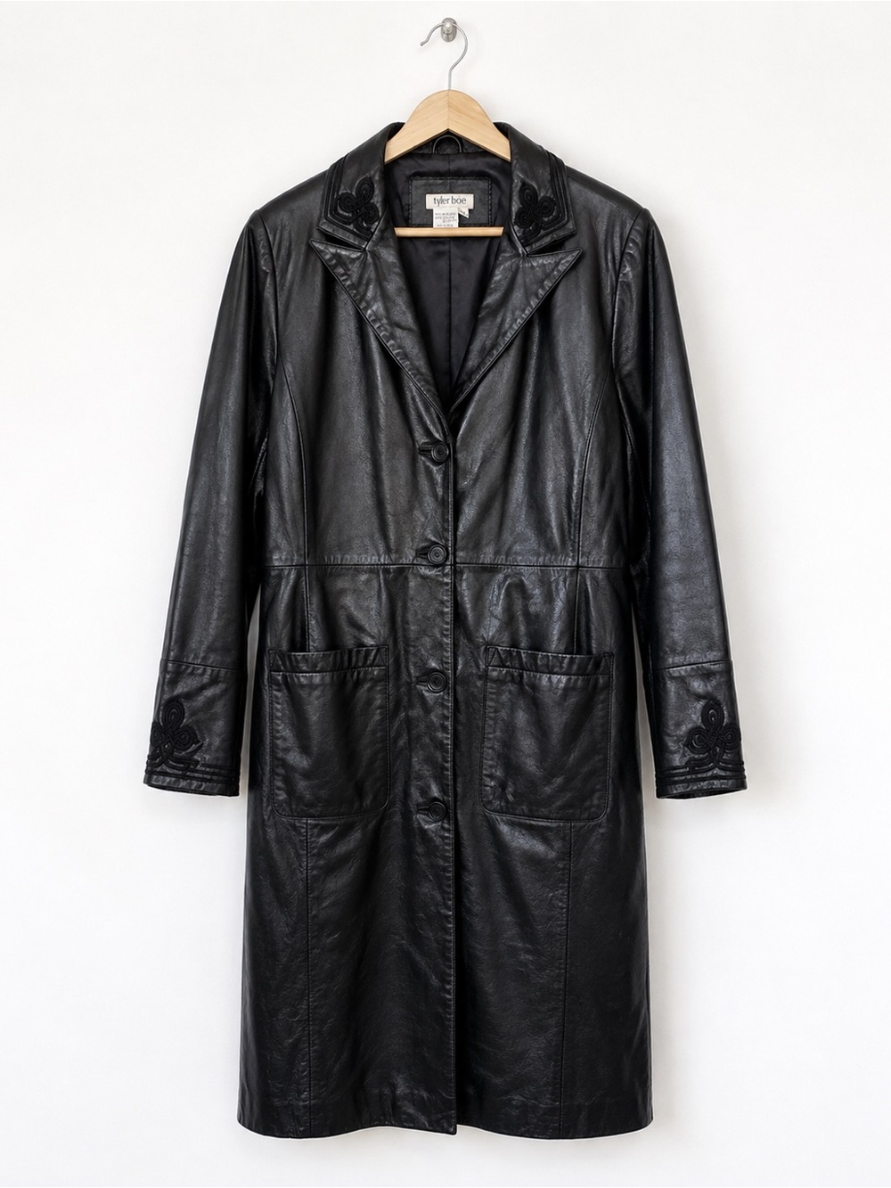 Vintage Tyler Boe Leather Maxi Trench Y2K Floral Embroidery Black Coat